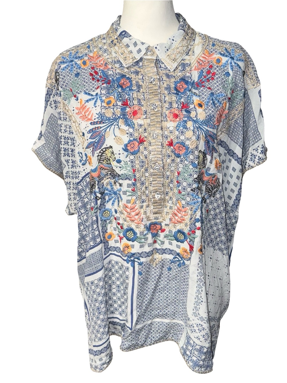 JOHNNY WAS Masquerade Silk Patchwork Embroidered Blouse Top XXL Boho Chic